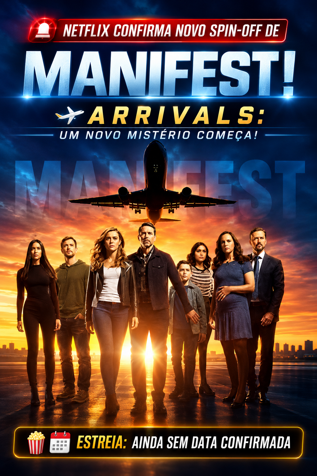 Personagens de Manifest em destaque na imagem de divulgação da nova série Arrivals, anunciada pela Netflix.
