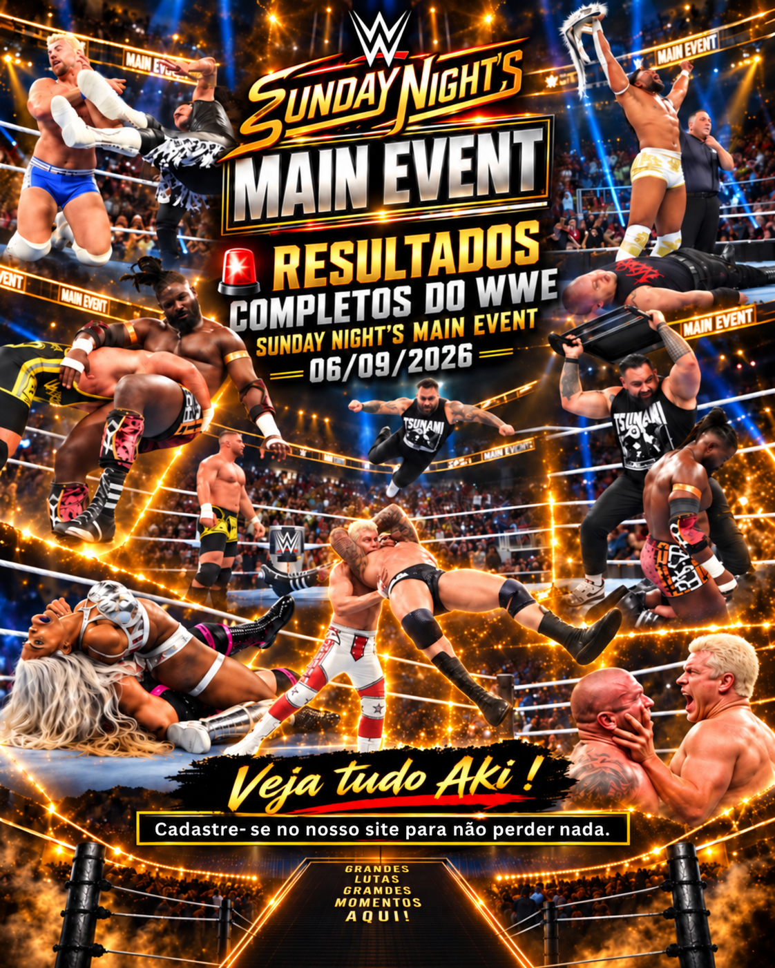 O WWE Sunday Night’s Main Event de 06/09/2026 teve Randy Orton vencendo Cody Rhodes, Trick Williams conquistando o United States Championship e o retorno de Bronson Reed durante Oba Femi vs.